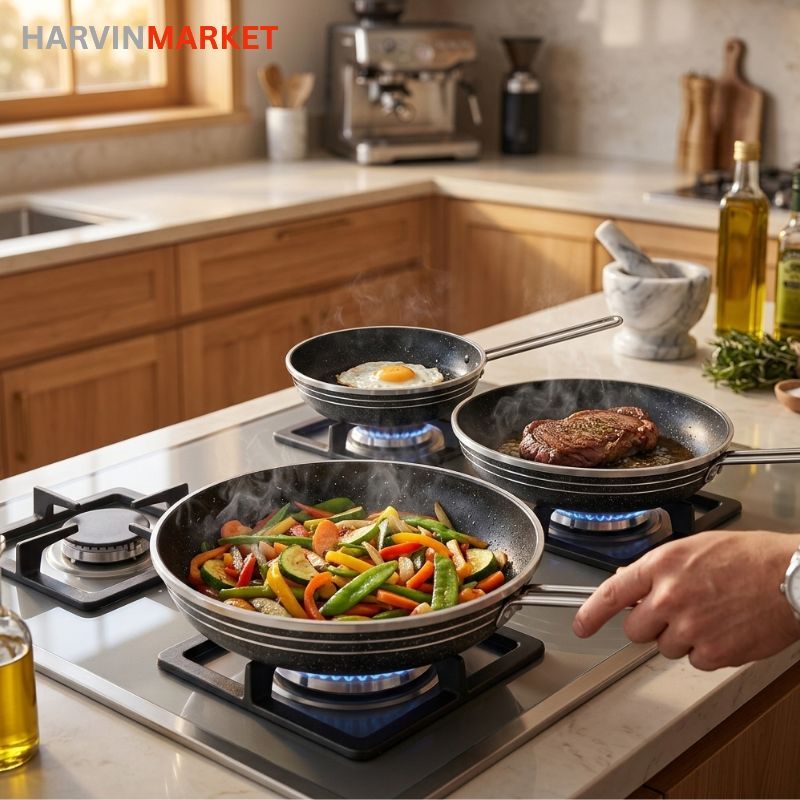 ماهیتابه گرانیتی تک دسته استیل ۳ تایی مدل HM-220