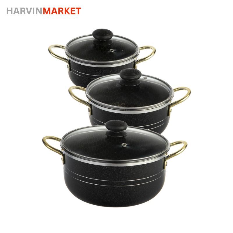 ست قابلمه نچسب 7 پارچه مشکی مات Non-Stick Cookware Set مدل 2201-SB طراحی ایتالیا طرح لانه زنبوری