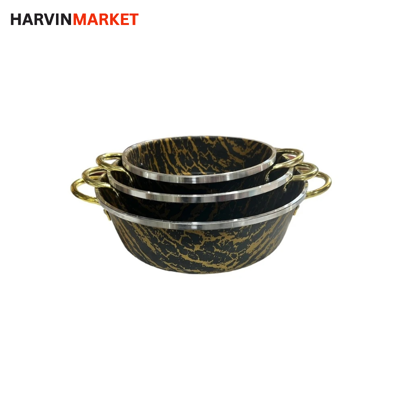 سرویس 3 تابه طرح سنگ ماربل دسته طلایی برند پرتو کالا