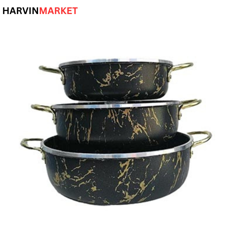 سرویس 3 تابه طرح سنگ ماربل دسته طلایی برند پرتو کالا