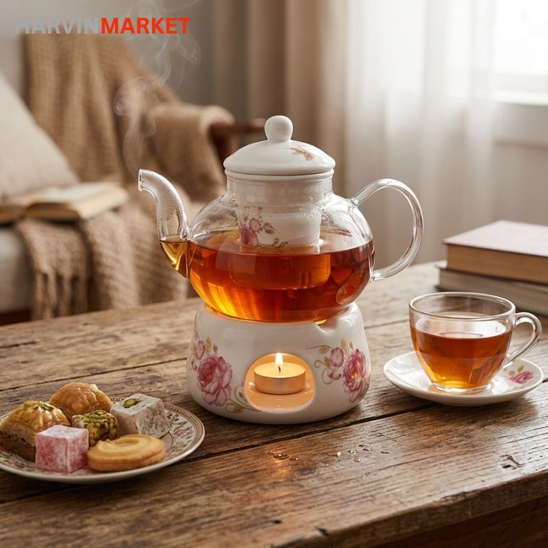 قوری شیشه ای وارمردار گل صورتی